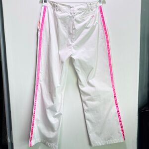 Escada Sport White Cotton Trousers Pink Satin Side Stripe Country Club‎ Size 44
